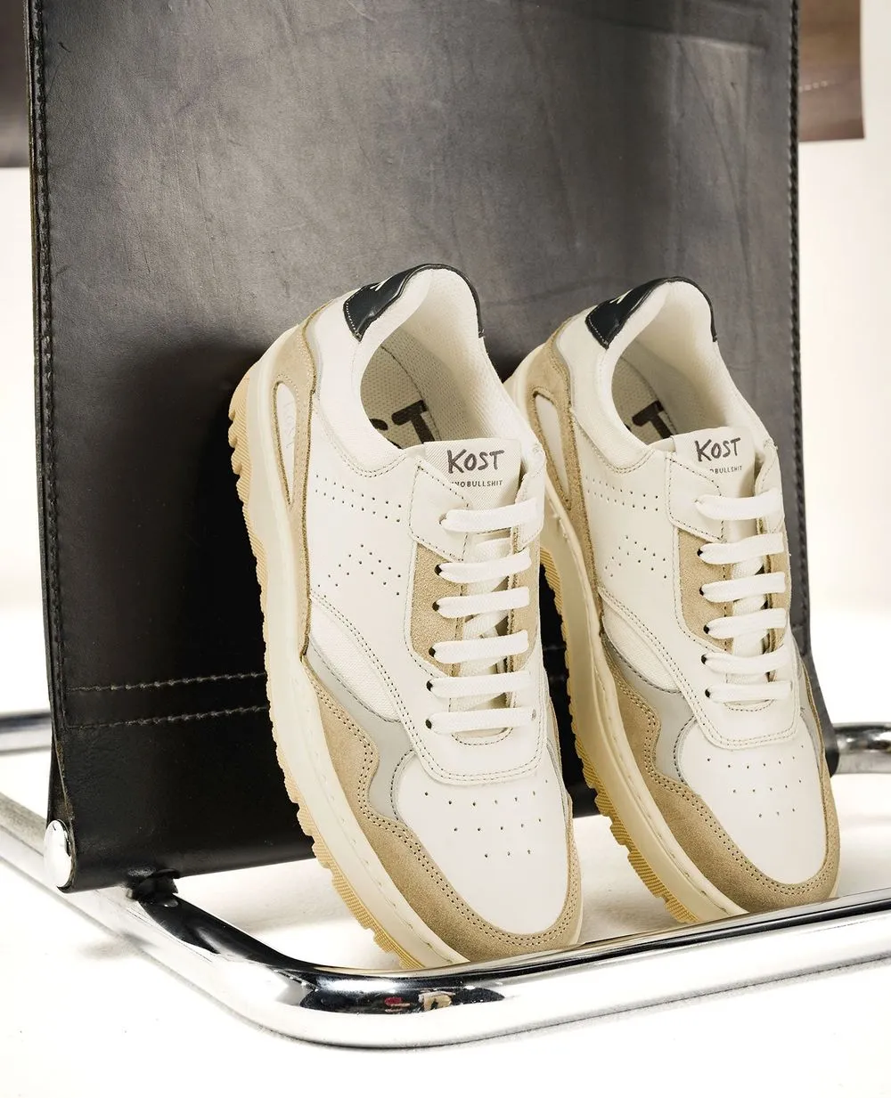 Baskets en cuir européen certifié | écru et taupe "jayden" Ecru/taupe femme